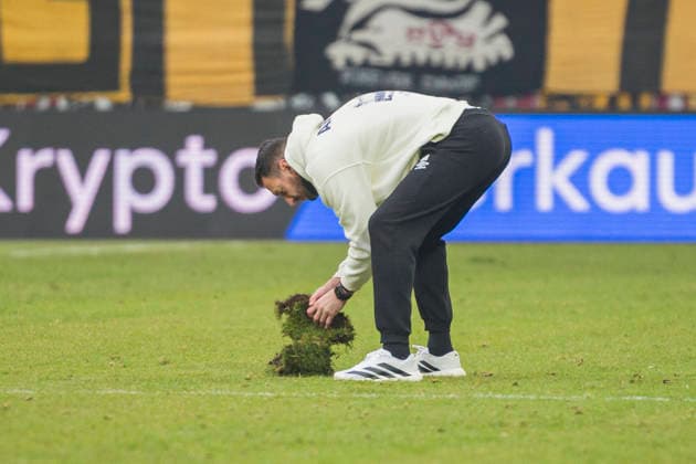 01 02 2026, xomx, Soccer 2 Bundesliga, Dynamo Dresden Arminia Bielefeld v l David Yelldell SG Dynamo Dresden Goalkeeper coach takes care of the turf DFL DFB REGULATIONS PROHIBIT ANY USE OF PHOTOGRAPHS as IMAGE SEQUENCES and or QUASI VIDEO Dresden