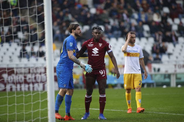 CALCIO - Serie A - Torino FC vs US Lecce Duvan Zapata of Torino FC and Wladimiro Falcone of US Lecce during the Italian Serie A 2025 26 season football match between Torino FC and US Lecce on 01 February 2026 at Stadio Olimpico Grende Torino ,Turin, Italy. Photo Nderim KACELI Turin Italy  Copyright: xIPAxSport ABACAx