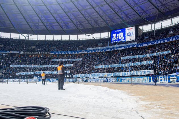 Soccer, Men, Season 2025 2026, 2 Bundesliga 20 Matchday , Hertha BSC SV Darmstadt 98, Fans of Hertha with banners against the police, 01 02 2026, Copyright: xSebastianxRäppold MatthiasxKochx