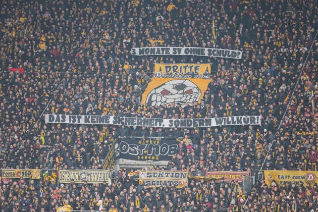 01 02 2026, xomx, Soccer 2 Bundesliga, Dynamo Dresden Arminia Bielefeld v l Fans SGD in K Block with a Protest Banner DFL DFB REGULATIONS PROHIBIT ANY USE OF PHOTOGRAPHS as IMAGE SEQUENCES and or QUASI VIDEO Dresden