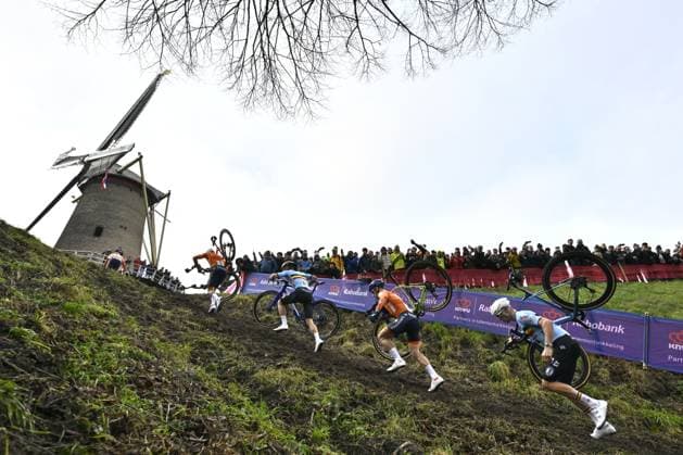 Belgian Thibau Nys, Dutch Lars van der Haar and Belgian Niels Vandeputte pictured in action during the men elite race at UCI Cyclocross World Championships, on Sunday 01 February 2026, in Hulst, The Netherlands. ERICxLALMAND  x160246583x