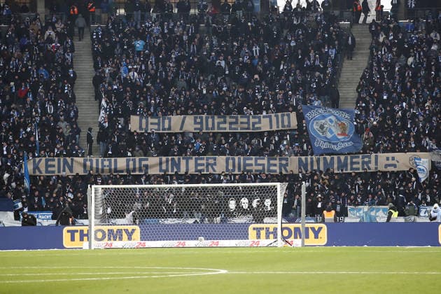 01 02 2026, xtgx, Soccer 2 Bundesliga, Hertha BSC Berlin SV Darmstadt 98 v l Fans Spectators Hertha BSC Shirts Scarves Flags Emotions Ultras Harlekinz Banners Phone Number of Senator for the Interior and Sport Iris Spranger SPD DFL DFB REGULATIONS PROHIBIT ANY USE OF PHOTOGRAPHS as IMAGE SEQUENCES and or QUASI VIDEO Berlin