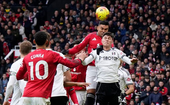 Manchester, England, 1st February 2026. Casemiro of Manchester United, ManU heads the opening goal during the Manchester United vs Fulham Premier League match at Old Trafford, Manchester. Picture credit should read: Andrew Yates Sportimage EDITORIAL USE ONLY. No use with unauthorised audio, video, data, fixture lists, club league logos or live services. Online in-match use limited to 120 images, no video emulation. No use in betting, games or single club league player publications. SPI_027_AY_MAN_UTD_FULHAM SPI-4502-0026