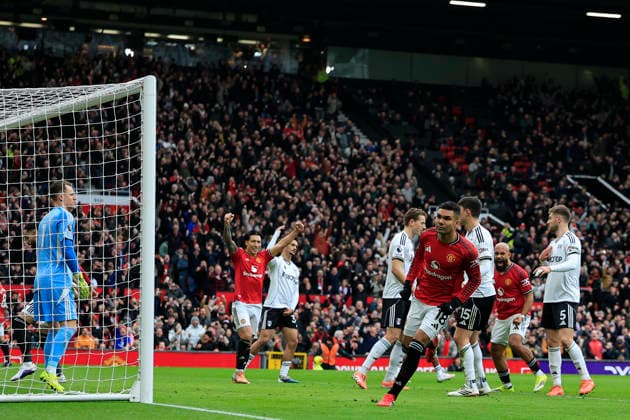 Manchester United, ManU v Fulham, Premier League Casemiro (18) of Manchester United celebrates scoring to make it 1-0 during the Premier League match between Manchester United and Fulham at Old Trafford, Manchester, UK on 1 February 2026. Manchester Old Trafford Greater Manchester UK Editorial use only DataCo restrictions apply See www.football-dataco.com , Copyright: xConorxMolloyx PSI-23668-0049