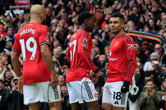 Manchester United, ManU v Fulham, Premier League Casemiro (18) of Manchester United celebrates scoring to make it 1-0 during the Premier League match between Manchester United and Fulham at Old Trafford, Manchester, UK on 1 February 2026. Manchester Old Trafford Greater Manchester UK Editorial use only DataCo restrictions apply See www.football-dataco.com , Copyright: xConorxMolloyx PSI-23668-0053