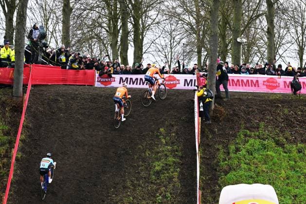 Belgian Thibau Nys, Dutch Tibor Del Grosso and Dutch Mathieu van der Poel pictured in action during the men elite race at UCI Cyclocross World Championships, on Sunday 01 February 2026, in Hulst, The Netherlands. DAVIDxPINTENS  x160250058x