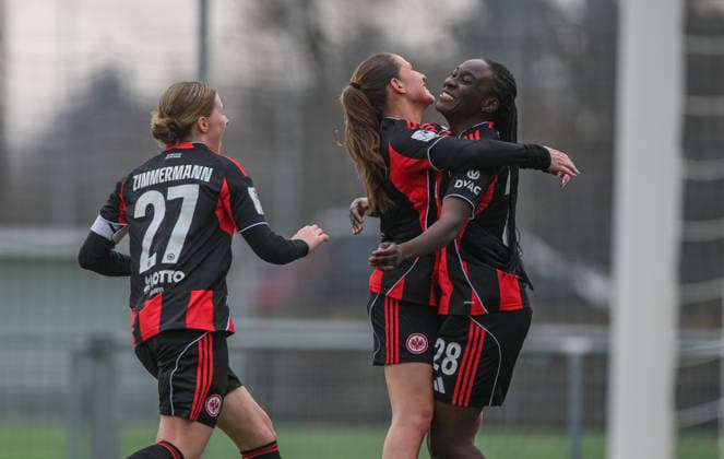 GER, Frankfurt, Eintracht Frankfurt II vs VfR Warbeyen, 2 Womens Bundesliga, Football, DFB, Season 2025 2026, Stadion am Bretanobad, 15 Matchday in picture Mira Arouna Eintracht Frankfurt II 28 scores the goal to 1 0, Cheers, joy and emotions after the goal DFB DFL REGULATIONS PROHIBIT ANY USE OF PHOTOGRAPHS AS IMAGE SEQUENCES AND OR QUASI VIDEO, 01 02 2026 Copyright: HMBxMedia HendrikxHamelau