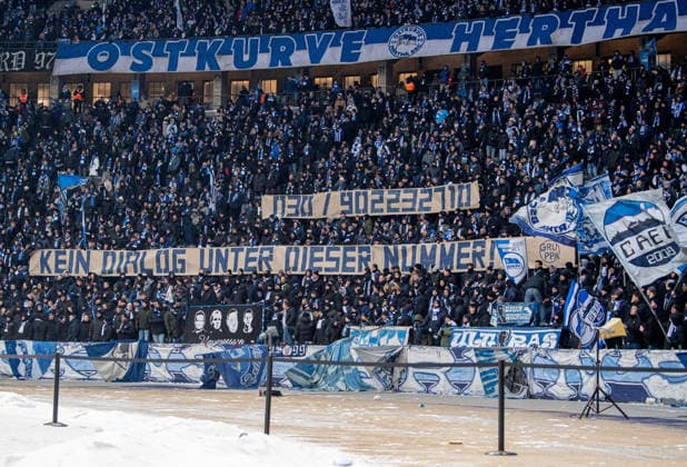 Soccer, Men, Season 2025 2026, 2 Bundesliga 20 Matchday , Hertha BSC SV Darmstadt 98, Fans of Hertha with banners 030 902232710, no dialog under this number, this is the number of Iris Spranger Berlins Senator for Home Affairs and Sport , 01 02 2026, Copyright: xSebastianxRäppold MatthiasxKochx