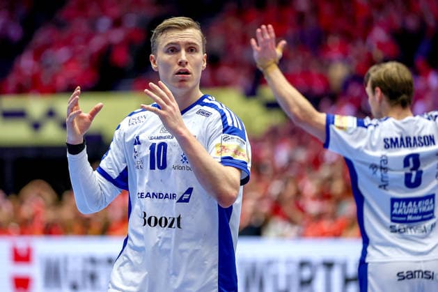 01 02 2026, Handball, Men s EHF EURO 2026, Iceland Croatia, Jyske Bank Boxen in Herning, Denmark, Placement Match 3 4 Gisli Thorgeir Kristjansson Iceland 10 gesticulating on the pitch Denmark
