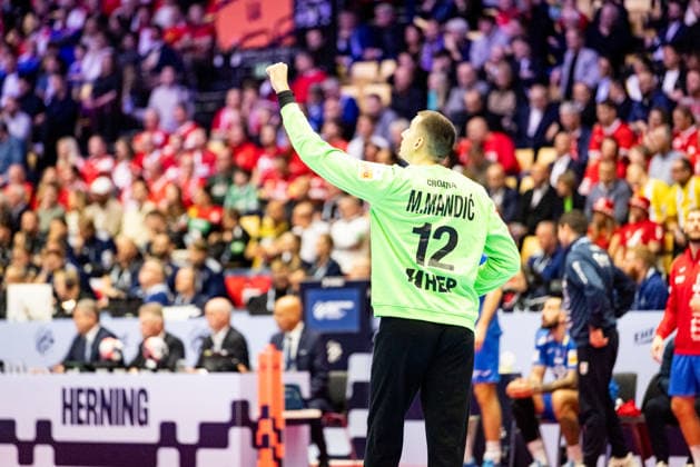 HERNING, DENMARK - FEBRUARY 1: goalie celebration joy after saved ball Matej Mandic (Croatia, 12) during the EHF EURO 2026 Placement match 3 4 between Iceland vs Croatia at Jyske Bank Boxen Arena on February 1, 2026 in Herning, Denmark. Midtjylland Denmark Copyright: xMarioxM.xKobergx
