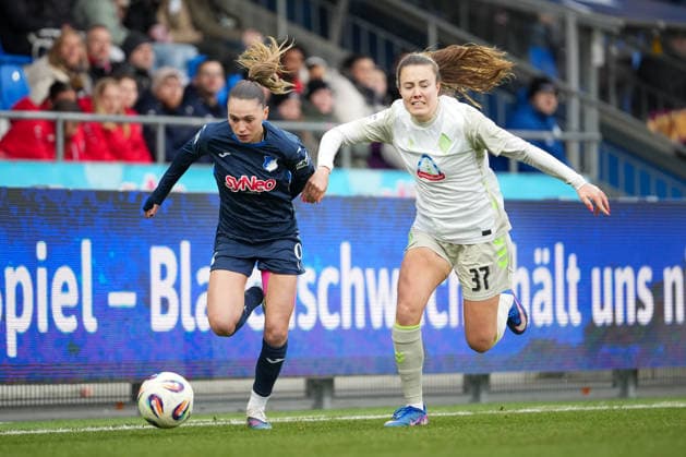 Soccer Google Pixel Women Bundesliga, Matchday 16, TSG Hoffenheim SV Werder Bremen on 01 02 2026 in Hoffenheim Dietmar Hopp Stadion , Germany, Season 2025 2026 DFB DFL REGULATIONS PROHIBIT ANY USE OF PHOTOGRAPHS as IMAGE SEQUENCES and or QUASI VIDEO Janssens, Jill 9,TSG in duel with Alber, Mara 37,SVW Hoffenheim Dietmar Hopp Stadion Germany Copyright: xChristophxKinzingerx