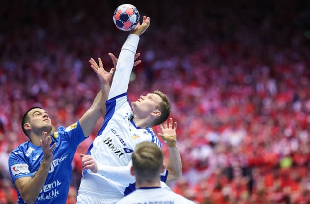 Iceland v Croatia - Men s EHF EURO 2026 3rd Place HERNING, DENMARK - FEBRUARY 1: Mateo Maras of Craotia and Ymir Orn Gislason of Iceland in action during the Men s EHF EURO 2026 3rd Place match between Iceland and Croatia at Jyske Bank Boxen on February 1, 2026 in Herning, Denmark.  SanjinxStrukic PIXSELL