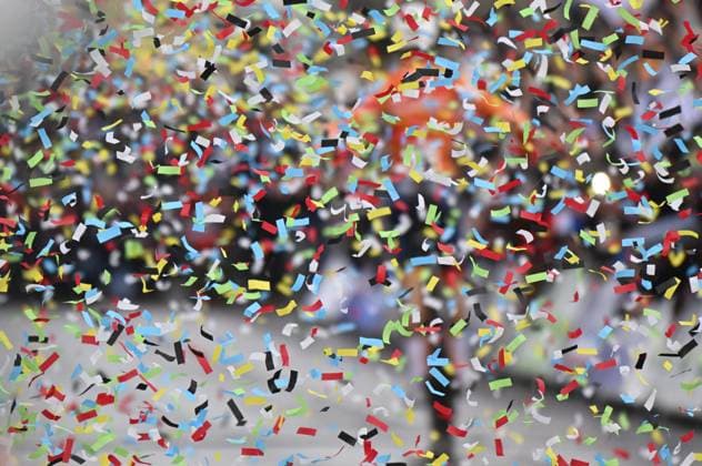 Confetti pictured as Dutch Mathieu van der Poel wins the world champion title for the eighth time in the men elite race at UCI Cyclocross World Championships, on Sunday 01 February 2026, in Hulst, The Netherlands. ERICxLALMAND  x160255538x