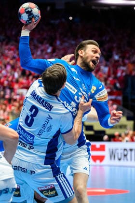 Herning Handball EM 2026 Match 3rd place Iceland Croatia v li in duel Iceland Janus Smarason and Luka Cindric Croatia Herning Jyske Bank Boxing Denmark