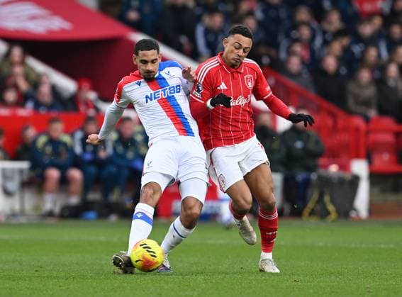 Maxence Lacroix of Crystal Palace and Dan Ndoye of Nottingham Forest Nottingham Forest v Crystal Palace, Premier League, Football, City Ground, Nottingham, UK - 01 Feb 2026Nottingham City Ground United Kingdom EDITORIAL USE ONLY No use with unauthorised audio, video, data, fixture lists, club league logos or live services. Online in-match use limited to 120 images, no video emulation. No use in betting, games or single club league player publications. Copyright: xAnnaxGowthorpe Shutterstockx 16496863an