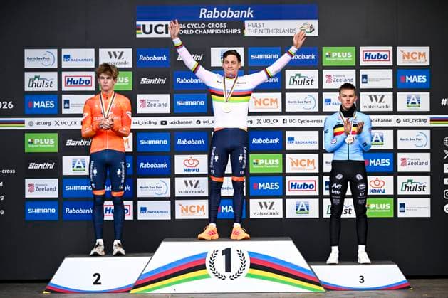 UCI World Championships 2026 Hulst HULST, THE NETHERLANDS - FEBRUARY 01 : Del Grosso Tibor (Ned), Nys Thibau (Bel) and Van Der Poel Mathieu (Ned) on the podium during the 2026 UCI Cyclo-Cross World Championships for Men Elite on February 01, 2026 in Hulst, The Netherlands, 01 02 2026 Hulst The Netherlands  Copyright: xNicoxVereeckenx