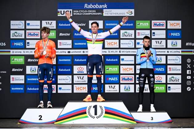 UCI World Championships 2026 Hulst HULST, THE NETHERLANDS - FEBRUARY 01 : Del Grosso Tibor (Ned), Nys Thibau (Bel) and Van Der Poel Mathieu (Ned) on the podium during the 2026 UCI Cyclo-Cross World Championships for Men Elite on February 01, 2026 in Hulst, The Netherlands, 01 02 2026 Hulst The Netherlands  Copyright: xNicoxVereeckenx