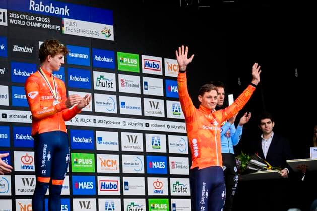 UCI World Championships 2026 Hulst HULST, THE NETHERLANDS - FEBRUARY 01 : Del Grosso Tibor (Ned), Nys Thibau (Bel) and Van Der Poel Mathieu (Ned) on the podium during the 2026 UCI Cyclo-Cross World Championships for Women Under 23 on February 01, 2026 in Hulst, The Netherlands, 01 02 2026 Hulst The Netherlands  Copyright: xPeterxDexVoechtx