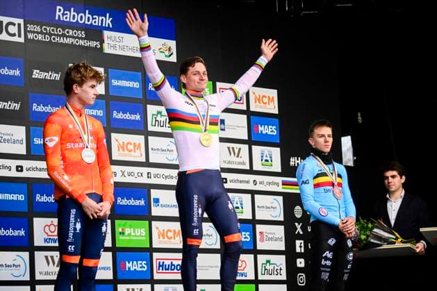 UCI World Championships 2026 Hulst HULST, THE NETHERLANDS - FEBRUARY 01 : Del Grosso Tibor (Ned), Nys Thibau (Bel) and Van Der Poel Mathieu (Ned) on the podium during the 2026 UCI Cyclo-Cross World Championships for Women Under 23 on February 01, 2026 in Hulst, The Netherlands, 01 02 2026 Hulst The Netherlands  Copyright: xPeterxDexVoechtx
