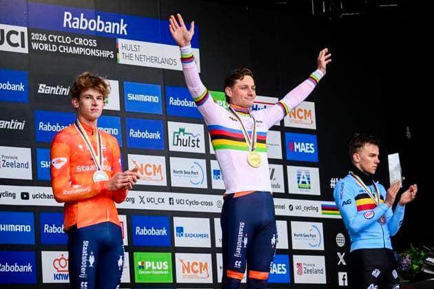 UCI World Championships 2026 Hulst HULST, THE NETHERLANDS - FEBRUARY 01 : Del Grosso Tibor (Ned), Nys Thibau (Bel) and Van Der Poel Mathieu (Ned) on the podium during the 2026 UCI Cyclo-Cross World Championships for Women Under 23 on February 01, 2026 in Hulst, The Netherlands, 01 02 2026 Hulst The Netherlands  Copyright: xPeterxDexVoechtx