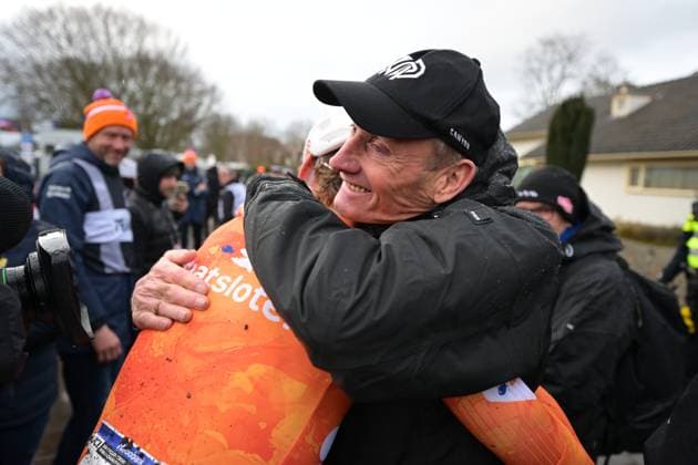 Dutch Mathieu van der Poel celebrates with father Adrie after winning the men elite race at UCI Cyclocross World Championships, on Sunday 01 February 2026, in Hulst, The Netherlands. DAVIDxPINTENS  x160260069x