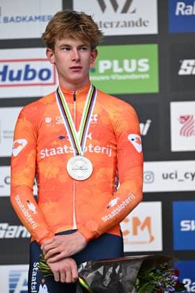 Silver medalist Dutch Tibor Del Grosso celebrates on the podium after the men elite race at UCI Cyclocross World Championships, on Sunday 01 February 2026, in Hulst, The Netherlands. DAVIDxPINTENS  x160260666x