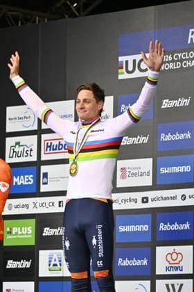 Dutch Mathieu van der Poel celebrates in the world champion jersey after winning for the eighth time the men elite race at UCI Cyclocross World Championships, on Sunday 01 February 2026, in Hulst, The Netherlands. ERICxLALMAND  x160260806x