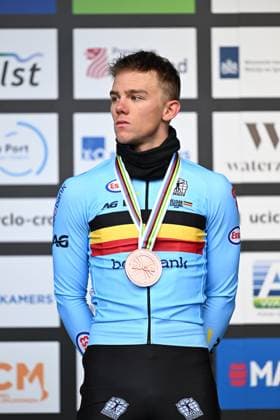 Bronze medalist Belgian Thibau Nys celebrates on the podium after the men elite race at UCI Cyclocross World Championships, on Sunday 01 February 2026, in Hulst, The Netherlands.  x160260939x