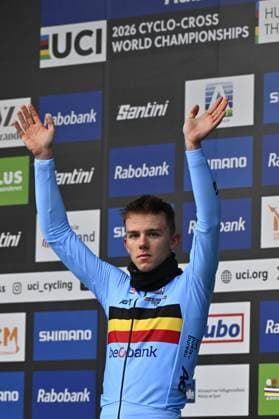 Bronze medalist Belgian Thibau Nys celebrates on the podium after the men elite race at UCI Cyclocross World Championships, on Sunday 01 February 2026, in Hulst, The Netherlands.  x160260962x