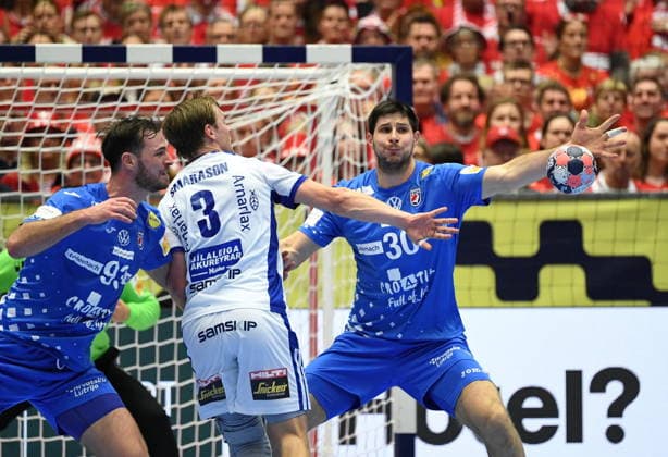 Herning, Denmark, 010226. Jyske Bank Boxen Hall. Third place match of the European Handball Championship, Iceland - Croatia. In the photo: Veron Nacinovic, Janus Dadi Smarason, Marko Mamic. Photo: Ante Cizmic CROPIX Hrvatska Copyright: xxAntexCizmicx island_hrvatska34-010226