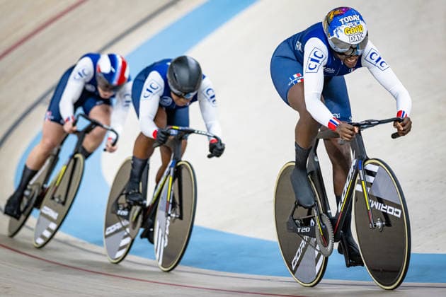 KOUAME Taky Marie Divine, DROUODE Marie Louisa, GROS Mathilde UEC Track Cycling European Championships Konya 2026 KOUAME Taky Marie Divine DROUODE Marie Louisa GROS Mathilde FRA France Landscape horizontal Landscape Event Event UEC Track Cycling European Championships 2026 Category Category Cycling Track Cycling European Championships Location Location Asia Turkey Konya Discipline Team Sprint Category Elite Women Distance m Date Date 01 02 2026 Sunday Day 1