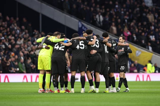 1st February 2026; Tottenham Hotspur Stadium, London, England; Premier League Football, Tottenham Hotspur versus Manchester City; Manchester City players pre-match team huddle  KatiexChan Content restricted for UK based newspaper