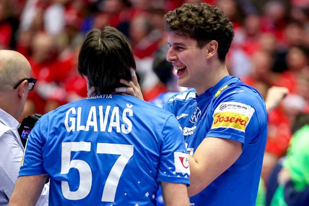 01 02 2026, Handball, Men s EHF EURO 2026, Iceland Croatia, Jyske Bank Boxing in Herning, Denmark, Placement Match 3 4 Croatia secures victory and 3rd place at the European Championship Filip Glavas Croatia 57 Luka Lovre Klarica Croatia 09 Denmark