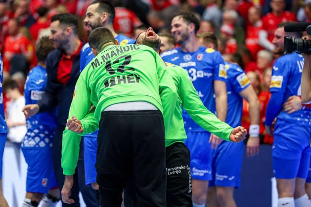 01 02 2026, Handball, Men s EHF EURO 2026, Iceland Croatia, Jyske Bank Boxing in Herning, Denmark, Placement Match 3 4 Croatia secures victory and 3rd place at the European Championship Matej Mandic Croatia 12 Dominik Kuzmanovic Croatia 01 Denmark
