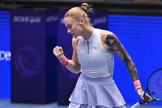 Tereza Martincova of Czech Republic reacts during the WTA, Tennis Damen women s tennis tournament Ostrava Open match against Dalma Galfi of Hungary on February 1, 2026, in Ostrava, Czech Republic. (CTKxPhoto JaroslavxOzana) CTKPhotoP2026020105036  CTKPhotoP2026020105036