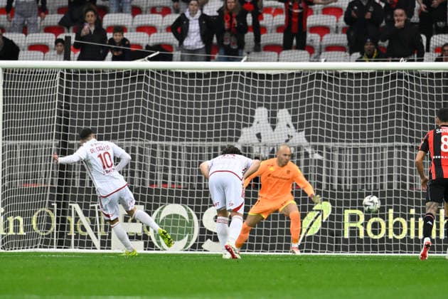 FOOTBALL : Nice (OGCN) vs Brest (SB29) - ligue 1 - 1 2 26 Brest™s forward 10 R. Del Castillo mark a goal during the French L1 2025-2026 season football match between Nice (OGCN) and Brest (SB) at Allianz Riviera stadium of Nice, south France, on February 1, 2026. NICEFrance  Copyright: xFredericxDIDESx