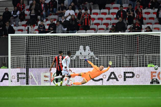 FOOTBALL : Nice (OGCN) vs Brest (SB29) - ligue 1 - 1 2 26 Brest™s midfielder 23 K. Doumbia mark a goal during the French L1 2025-2026 season football match between Nice (OGCN) and Brest (SB) at Allianz Riviera stadium of Nice, south France, on February 1, 2026. NICEFrance  Copyright: xFredericxDIDESx