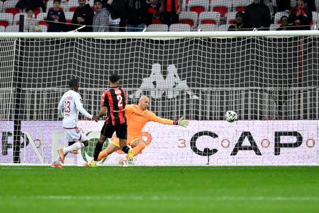 FOOTBALL : Nice (OGCN) vs Brest (SB29) - ligue 1 - 1 2 26 Brest™s midfielder 23 K. Doumbia mark a goal during the French L1 2025-2026 season football match between Nice (OGCN) and Brest (SB) at Allianz Riviera stadium of Nice, south France, on February 1, 2026. NICEFrance  Copyright: xFredericxDIDESx