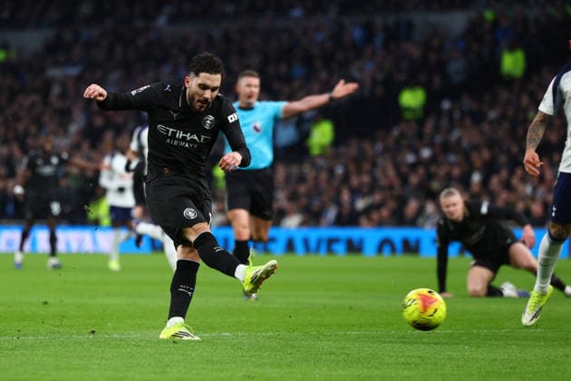 London, England, 1st February 2026. Rayan Cherki of Manchester City scores to make it 1-0 during the Tottenham Hotspur vs Manchester City Premier League match at the Tottenham Hotspur Stadium, London. Picture credit should read: Paul Terry Sportimage EDITORIAL USE ONLY. No use with unauthorised audio, video, data, fixture lists, club league logos or live services. Online in-match use limited to 120 images, no video emulation. No use in betting, games or single club league player publications. SPI_014_PT_Tottenham_Man_City SPI-4504-0014