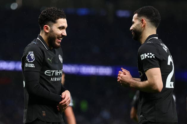 London, England, 1st February 2026. Rayan Cherki (L) of Manchester City celebrates with Rayan Ait-Nouri after scoring to make it 1-0 during the Tottenham Hotspur vs Manchester City Premier League match at the Tottenham Hotspur Stadium, London. Picture credit should read: Paul Terry Sportimage EDITORIAL USE ONLY. No use with unauthorised audio, video, data, fixture lists, club league logos or live services. Online in-match use limited to 120 images, no video emulation. No use in betting, games or single club league player publications. SPI_026_PT_Tottenham_Man_City SPI-4504-0026