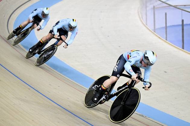 Belgian Runar De Schrijver, Yeno Vingerhoets and Belgian Lowie Nulens pictured in action during the men s Team Sprint first round at the first day of the 2026 UEC Track Elite European Championships, in Konya, Turkey, Sunday 01 February 2026. The European Championships take place from 01 to 05 February 2026. DIRKxWAEM  x160268309x