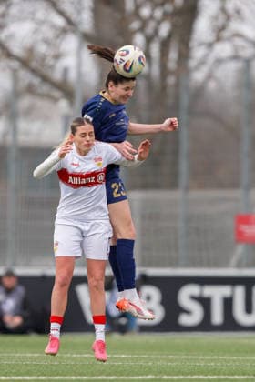 01 02 2026, Football, 2 Womens Bundesliga, 2025 2026, Matchday 15, VfB Stuttgart SG 99 Andernach Magdalena Schumacher 23 Andernach wins the header duel against Dafina Redzepi 7 VfB Stuttgart