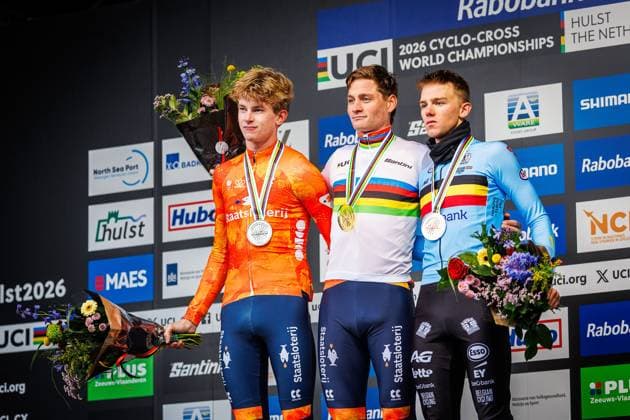 HULST , 01 02-2026 , UCI Cyclo-cross World Championships day 3 , Sunday men™s elite , WK veldrijden , picture shows Mathieu VAN DER POEL (NED) (1) Tibor DEL GROSSO (NED) (2) Thibau NYS (BEL) (3) UCI Cyclo-cross World Championships (Sunday)  x201247523x Copyright: