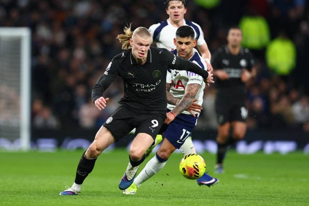 London, England, 1st February 2026. Erling Haaland of Manchester City and Cristian Romero of Tottenham Hotspur challenge for the ball during the Tottenham Hotspur vs Manchester City Premier League match at the Tottenham Hotspur Stadium, London. Picture credit should read: Paul Terry Sportimage EDITORIAL USE ONLY. No use with unauthorised audio, video, data, fixture lists, club league logos or live services. Online in-match use limited to 120 images, no video emulation. No use in betting, games or single club league player publications. SPI_032_PT_Tottenham_Man_City SPI-4504-0032