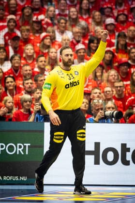 HERNING, DENMARK - FEBRUARY 1: goalie celebration joy after saved ball Andreas Wolff (Germany, 33) during the EHF EURO 2026 Final match between Denmark vs Germany at Jyske Bank Boxen Arena on February 1, 2026 in Herning, Denmark. Midtjylland Denmark Copyright: xMarioxM.xKobergx