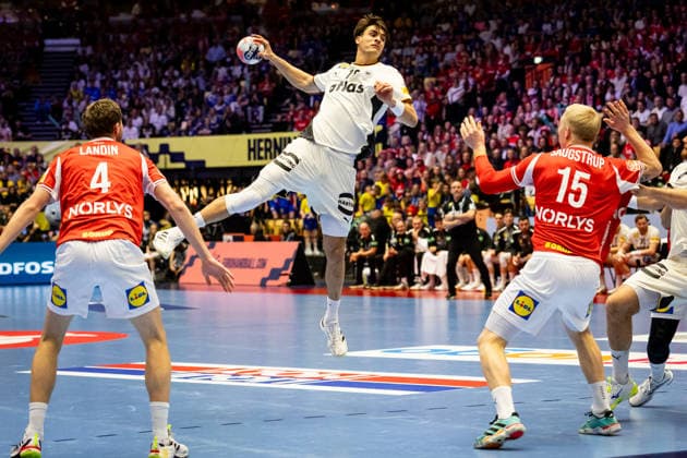 HERNING, DENMARK - FEBRUARY 1: Julian Köster (Germany, 18) in attack during the EHF EURO 2026 Final match between Denmark vs Germany at Jyske Bank Boxen Arena on February 1, 2026 in Herning, Denmark. Midtjylland Denmark Copyright: xMarioxM.xKobergx