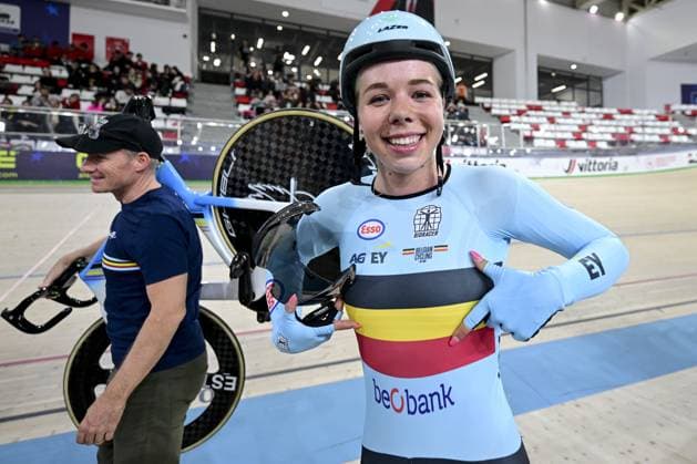 Belgian Helene Hesters celebrates after winning the women s Scratch race at the first day of the 2026 UEC Track Elite European Championships, in Konya, Turkey, Sunday 01 February 2026. The European Championships take place from 01 to 05 February 2026. DIRKxWAEM  x160276774x