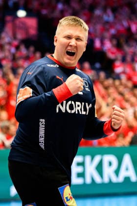 Herning Handball EM 2026 Final Denmark Germany Denmarks goalkeeper Emil Nielsen Cheers Joy Emotion Herning Jyske Bank Boxing Denmark