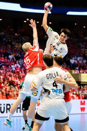 Herning Handball EM 2026 Final Denmark Germany Denmarks Magnus Saugstrup Jensen, Julian Köster Koester Germany , Johannes Golla Germany Herning Jyske Bank Boxing Denmark