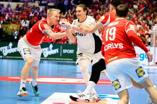 Herning Handball EM 2026 Final Denmark Germany from left in duel Denmarks Magnus Saugstrup Jensen and Juri Knorr Germany Herning Jyske Bank Boxing Denmark